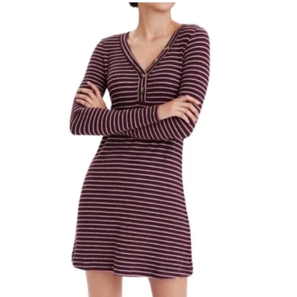 American Eagle Mini Dress Striped V-Neck Henley Button Ribbed Knit S Grunge Soft